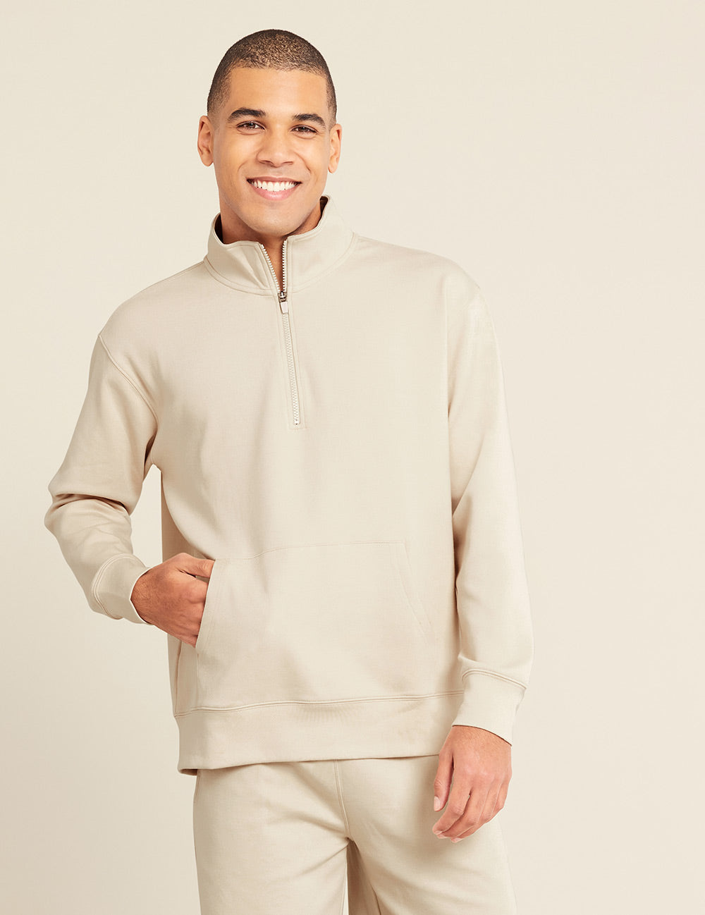 Gender-Neutral-Quarter-Zip-Sweater-Sand-Male-Front.jpg